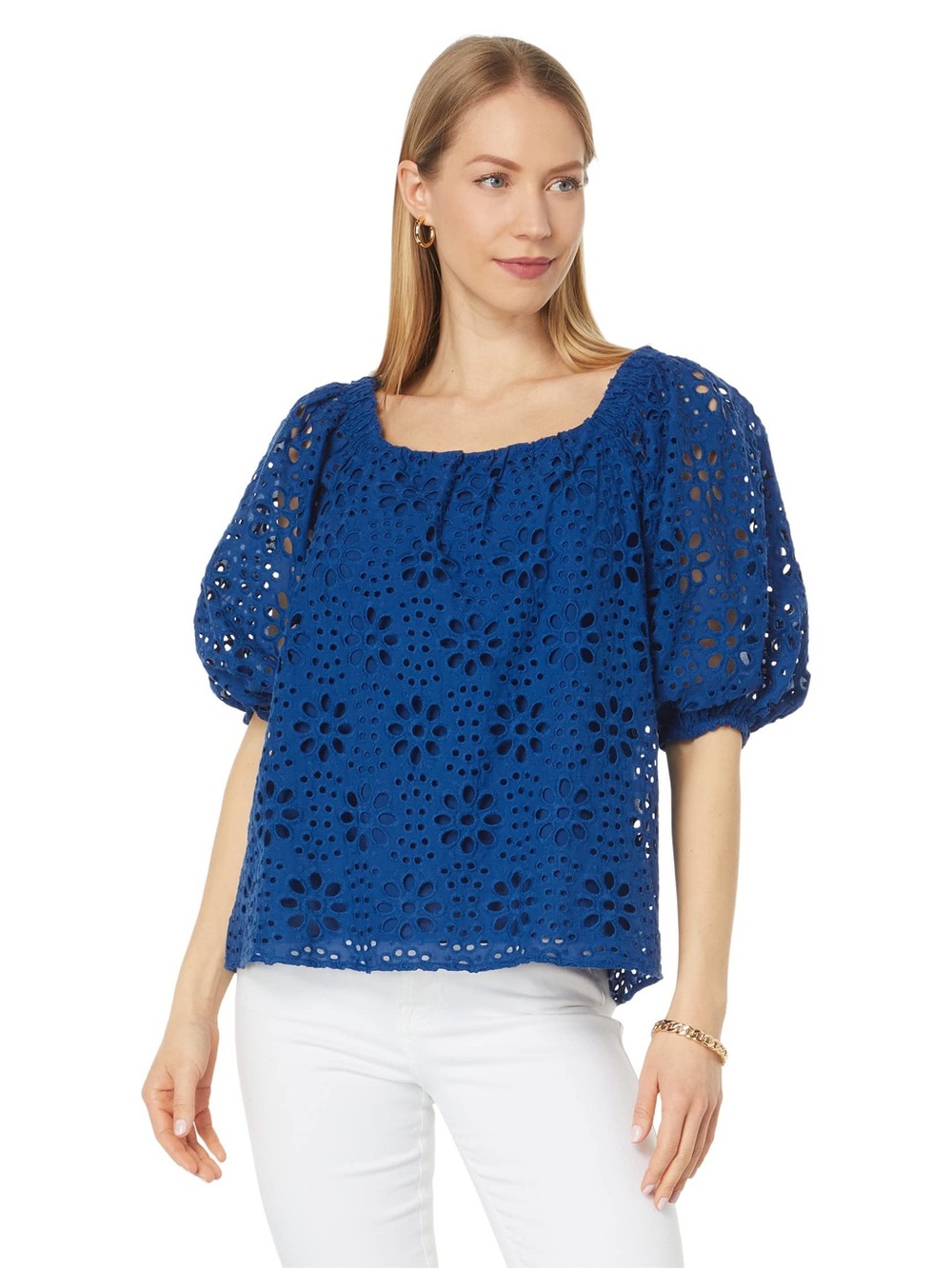 Lilly Pulitzer Kerrigan blue eyelet top floral puff sleeve